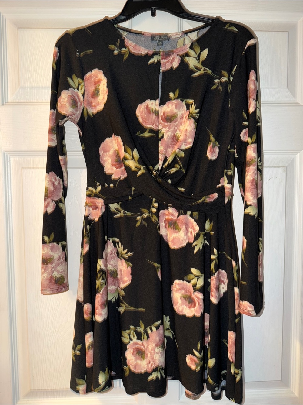 Lily Rose Black Long-Sleeve Floral Twist-Front Dress with Pink Blooms